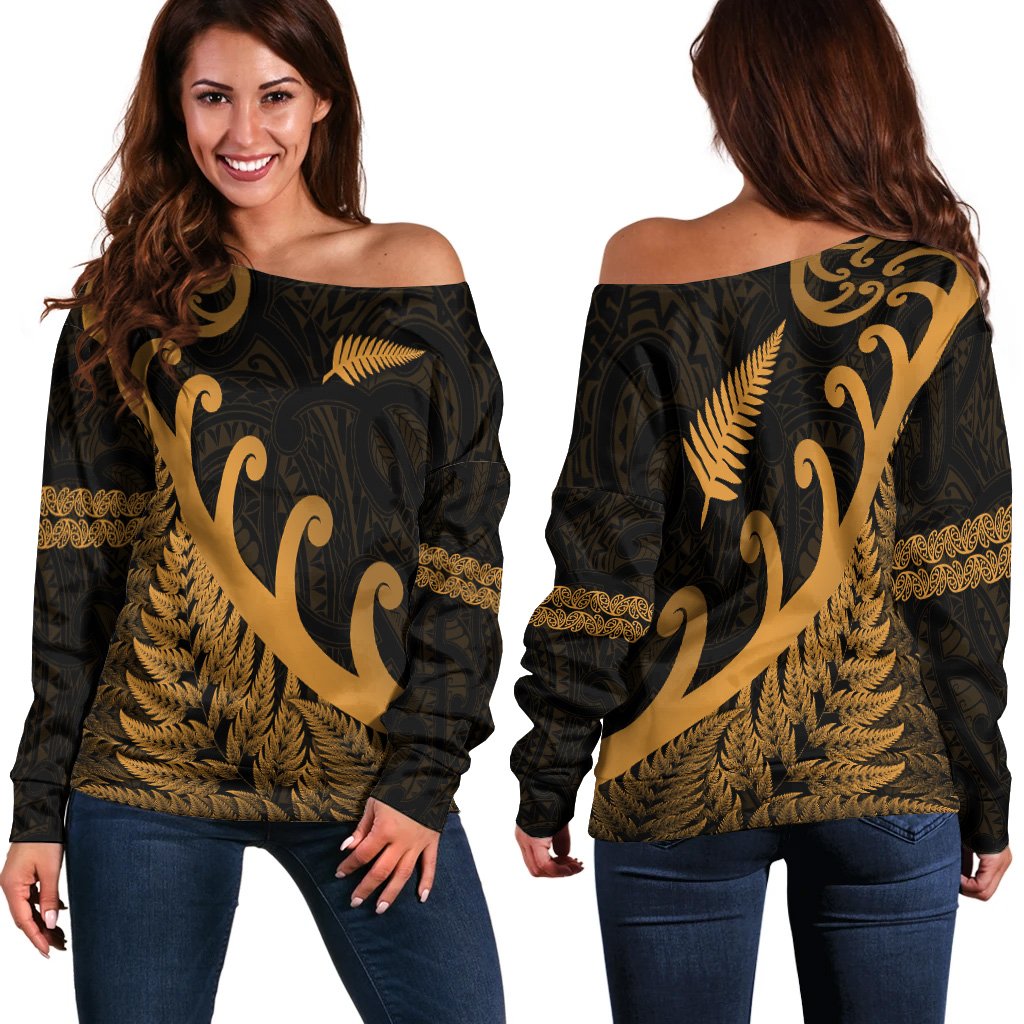 New Zealand Rugby Maori Women Off Shoulder Sweater Silver Fern Koru Vibes - Gold LT8 - Polynesian Pride