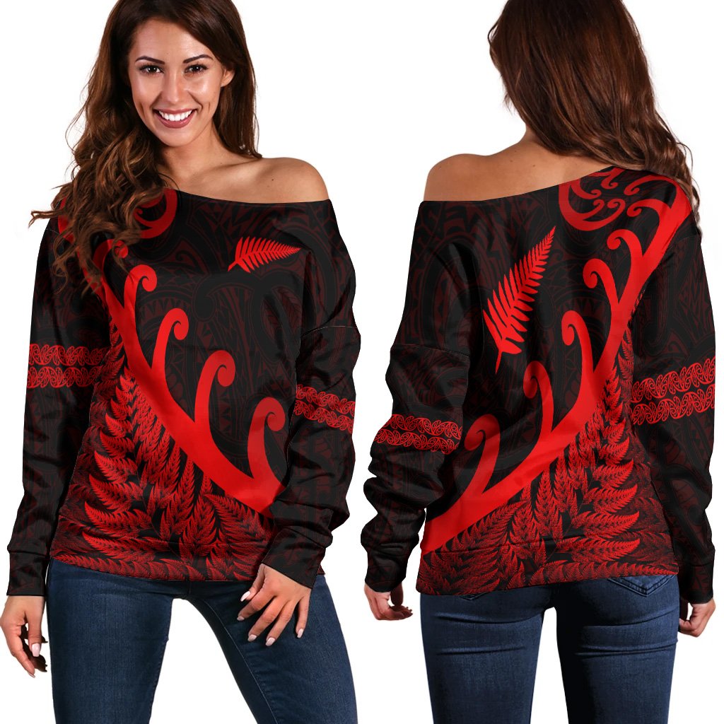 New Zealand Rugby Maori Women Off Shoulder Sweater Silver Fern Koru Vibes - Red LT8 - Polynesian Pride