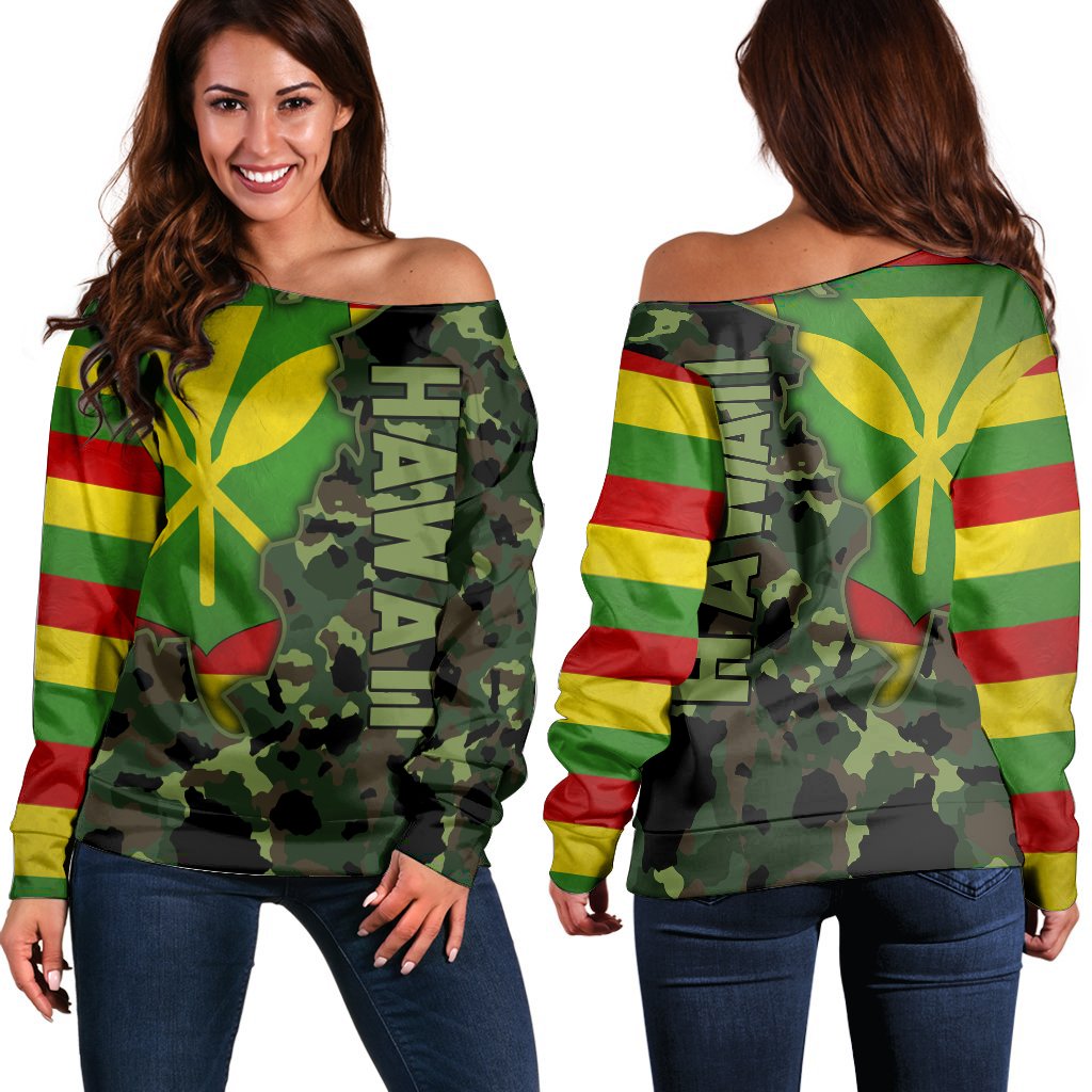 Kanaka Flag Camo Pattern Women's Off Shoulder Sweater - Chad Style - AH Green - Polynesian Pride