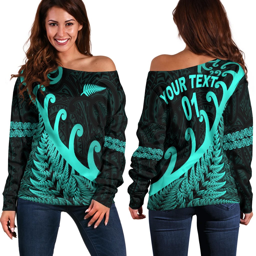 (Custom Personalised) New Zealand Rugby Maori Women Off Shoulder Sweater Silver Fern Koru Vibes - Turquoise LT8 - Polynesian Pride