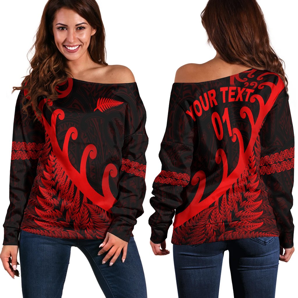 (Custom Personalised) New Zealand Rugby Maori Women Off Shoulder Sweater Silver Fern Koru Vibes - Red LT8 - Polynesian Pride