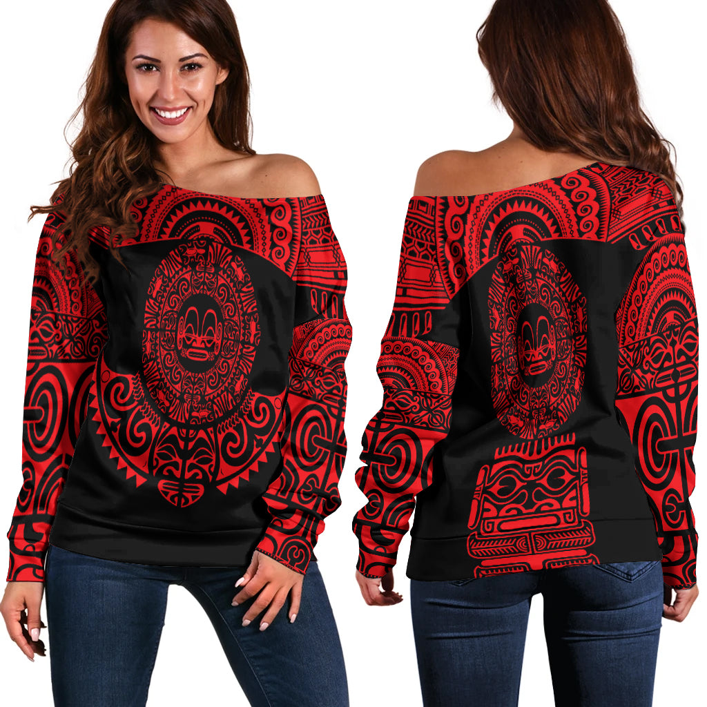 Marquesas Islands Women Off Shoulder Marquesan Tattoo Simplified Version - Red LT8 - Polynesian Pride