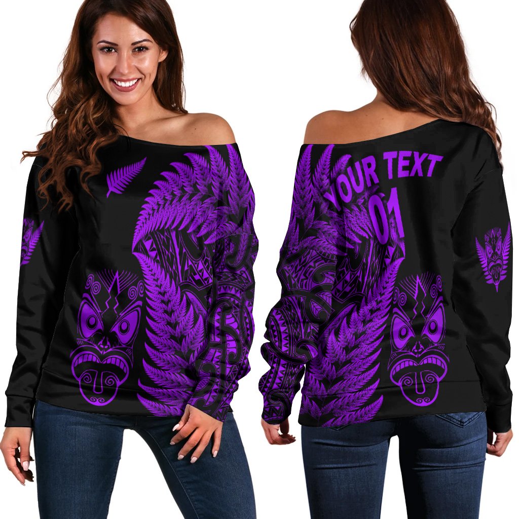 (Custom Personalised) New Zealand Haka Rugby Maori Women Off Shoulder Sweater Silver Fern Vibes - Purple LT8 - Polynesian Pride