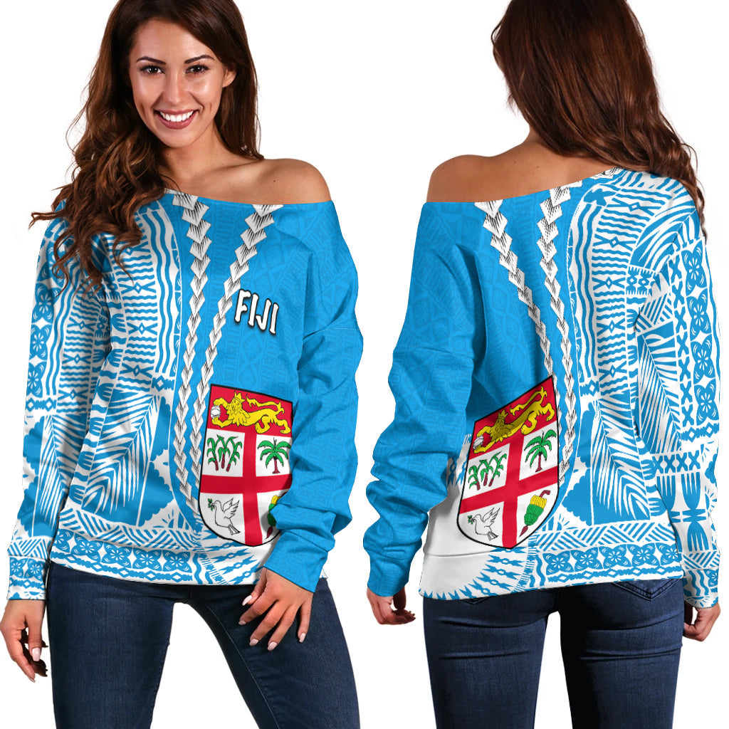 Fiji Off Shoulder Sweater Masi Tapa Patterns Blue Style LT6 - Polynesian Pride