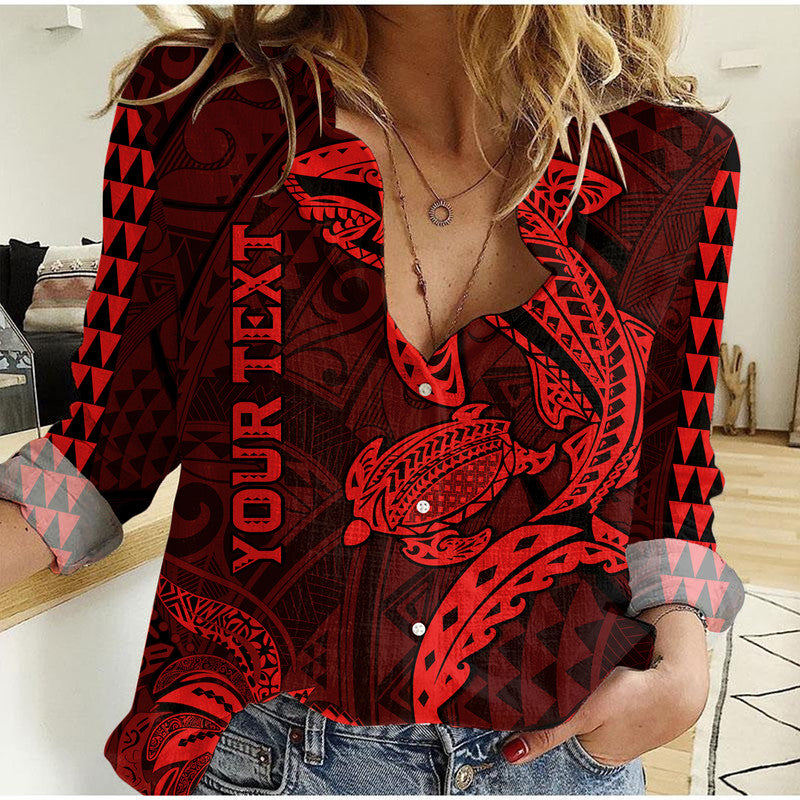 (Custom Personalised) Hawaii Women Casual Shirt Shark and Turtle Mix Kakau Red LT9 Female Red - Polynesian Pride