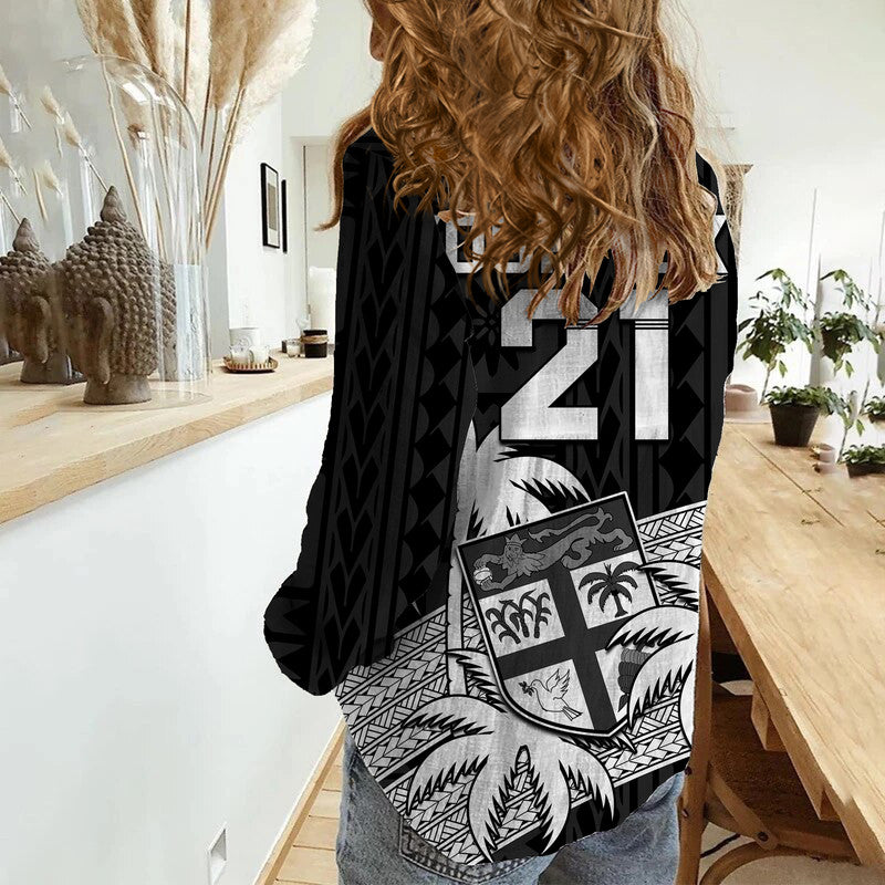 (Custom Text And Number) Fiji Rugby Sevens Women Casual Shirt Tapa Palm Tree and Fijian Coat of Arms LT9 - Polynesian Pride