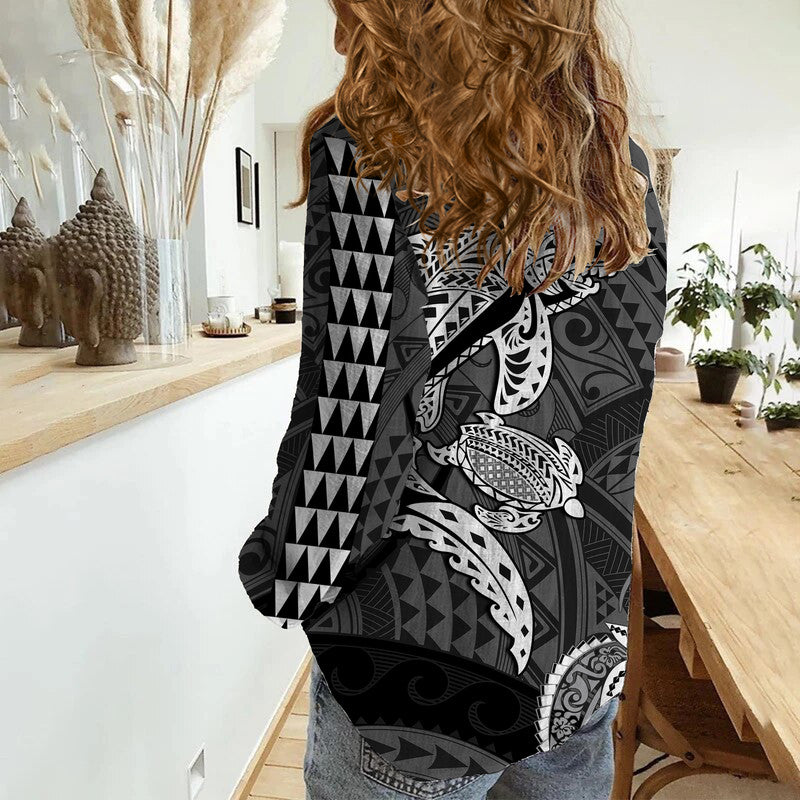 Hawaii Women Casual Shirt Shark and Turtle Mix Kakau LT9 - Polynesian Pride