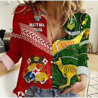 Mate Ma'a Tonga Ngatu And Australia Kangaroos Aboriginal Woman Casual Shirt Rugby Together LT8 Female - Polynesian Pride