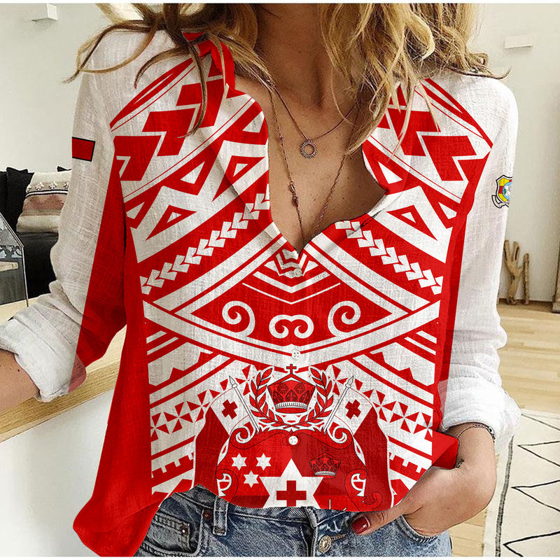 (Custom Text And Number) Tonga Rugby Sevens Women Casual Shirt Coat of Arms Tribal Polynesian Pattern LT9 Female Red - Polynesian Pride