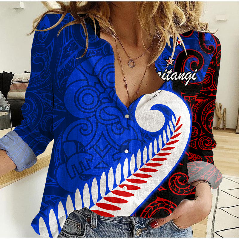 Waitangi Day Women Casual Shirt Aotearoa Hei Tiki Silver Fern LT9 Female Blue - Polynesian Pride