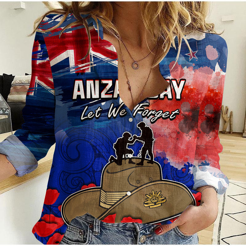 New Zealand ANZAC Day Women Casual Shirt Grunge Aotearoa Flag and Red Poppy LT9 Female Blue - Polynesian Pride