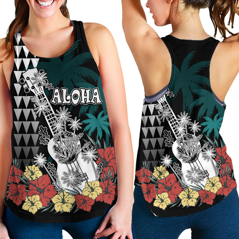 Hawaii Ukulele Mix Hibiscus and Coconut Tree Women Racerback Tank Aloha Vintage Black Version LT9 Black - Polynesian Pride