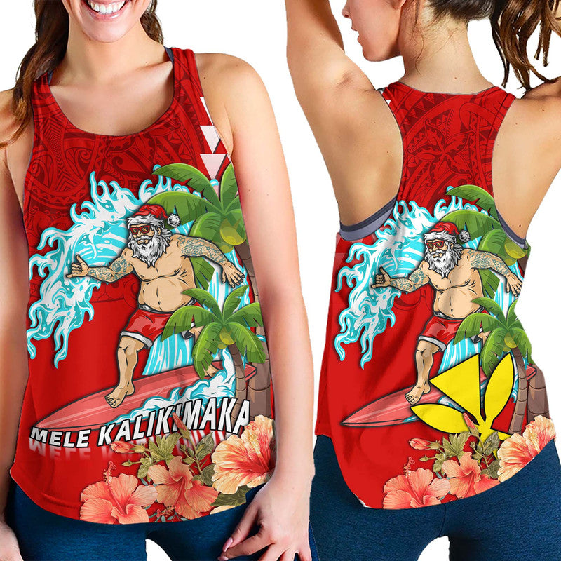 Hawaii Mele Kalikimaka Women Racerback Tank Santa Claus Surfing Xmas Time LT9 Red - Polynesian Pride