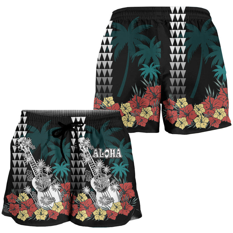 Hawaii Ukulele Mix Hibiscus and Coconut Tree Women Short Aloha Vintage Black Version LT9 Black - Polynesian Pride