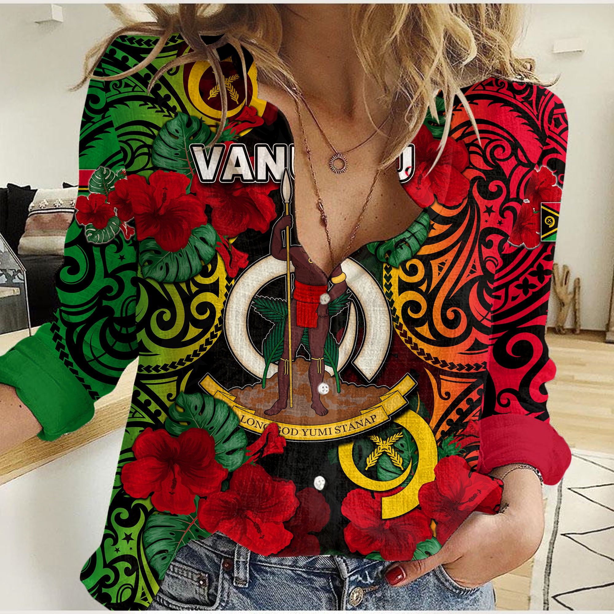 Vanuatu And Hibiscus Casual Shirt LT6 Female Black - Polynesian Pride