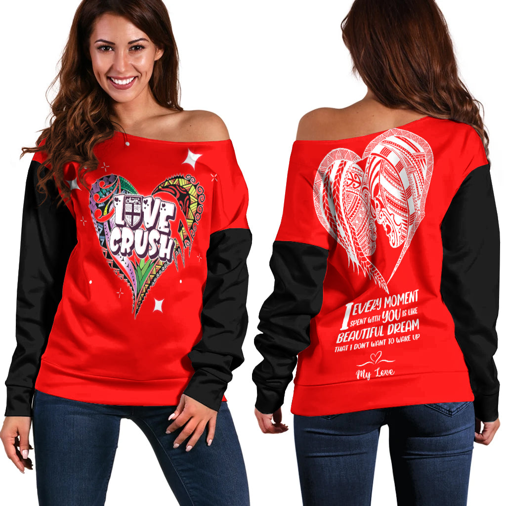 Fiji Valentine Couple Heart Women Off Shoulder Sweater - LT2 Women RED - Polynesian Pride