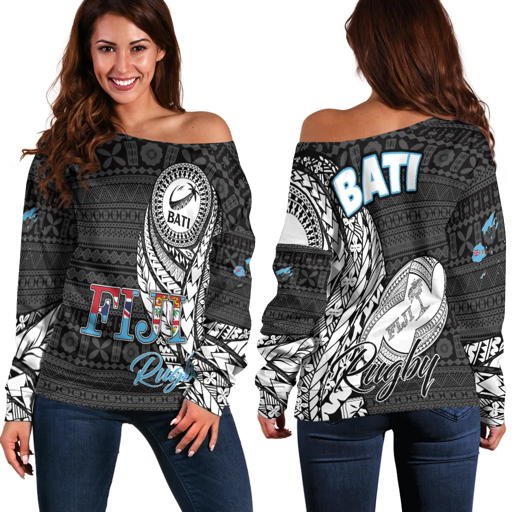 Fiji Rugby Bati Tapa Pattern Women Off Shoulder Sweater - LT2 Women BLACK - Polynesian Pride