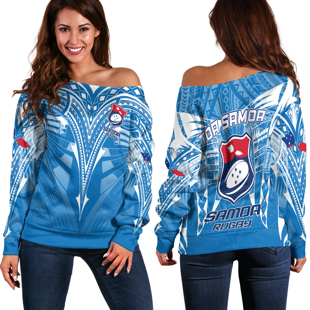 Samoa Rugby Toa Samoa Blue Style Women Off Shoulder Sweater - LT2 Women BLUE - Polynesian Pride