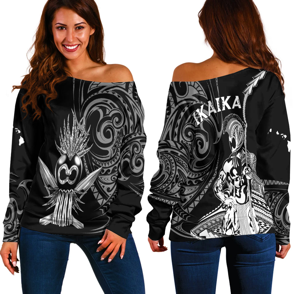 Hawaii Ikaika Warrior Women Off Shoulder Sweater - LT2 Women BLACK - Polynesian Pride