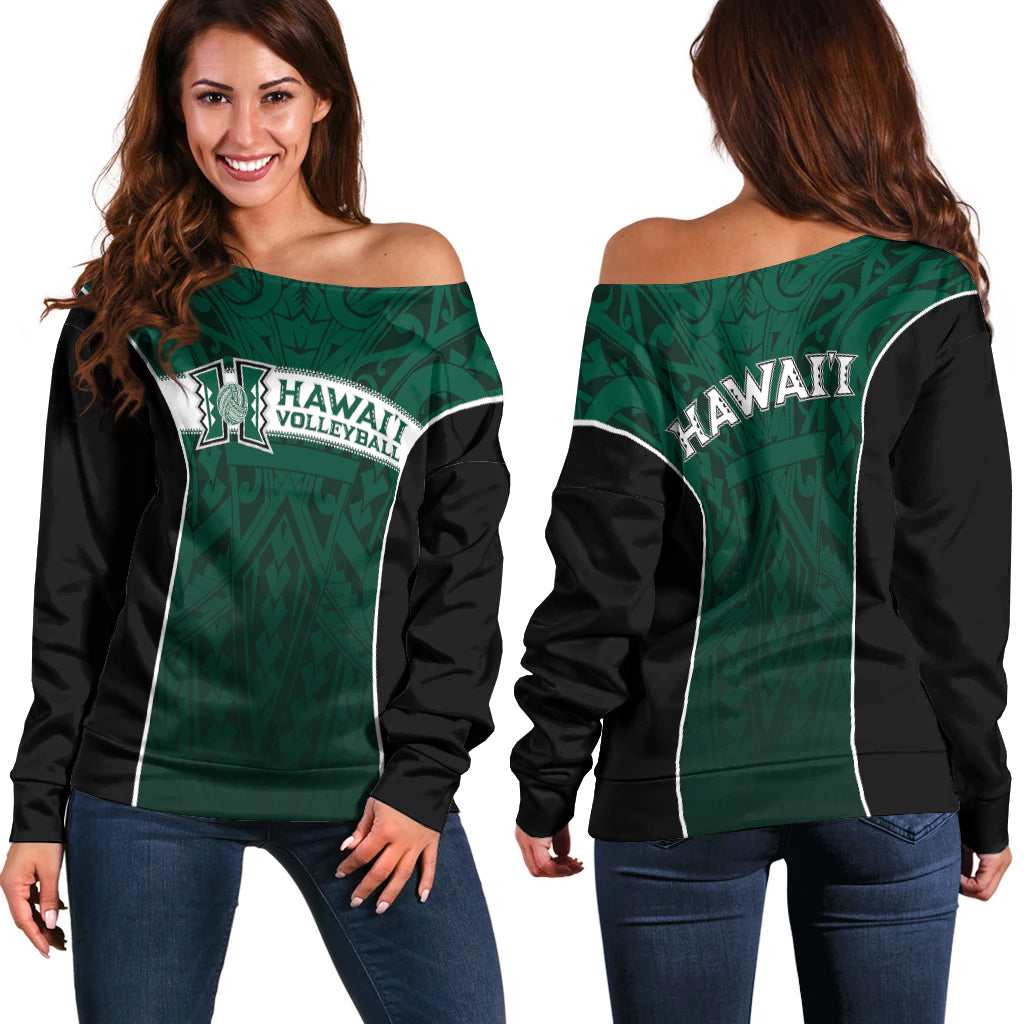 Hawaii Volleyball Green Warrior Women Off Shoulder Sweater - LT2 Women GREEN - Polynesian Pride