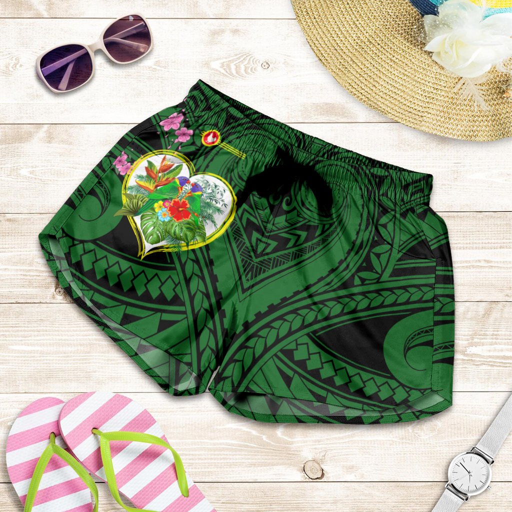 American Samoa All Over Print Women's Shorts - The Love Of Blue Crowned Lory Women Green - Polynesian Pride