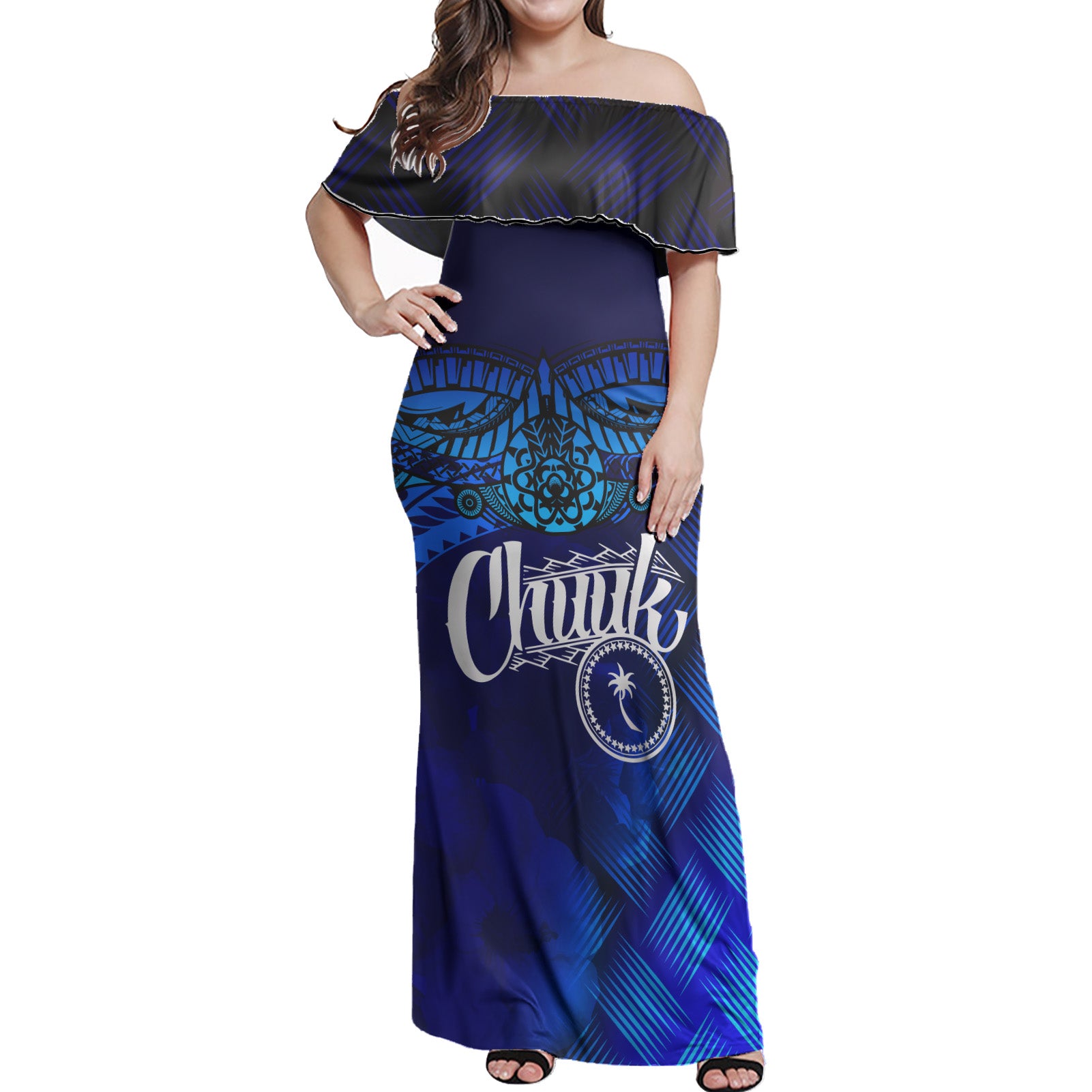 Chuuk Polynesian Woman Off Shoulder Long Dress - Lauhala Coat Of Arms Women Blue - Polynesian Pride