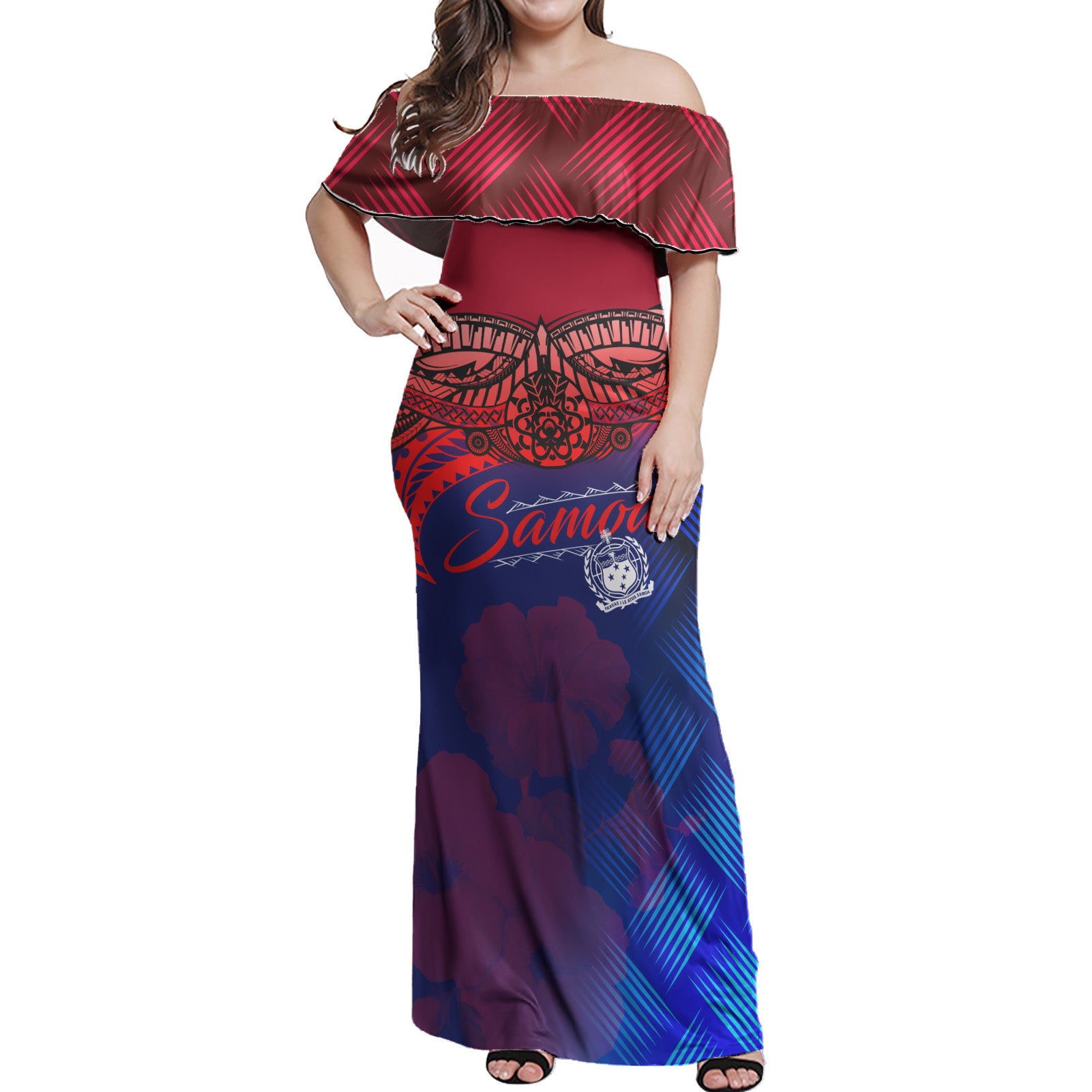 Samoa Polynesian Woman Off Shoulder Long Dress - Samoa Coat Of Arms With Lauhala Tribal Pattern Women Blue - Polynesian Pride