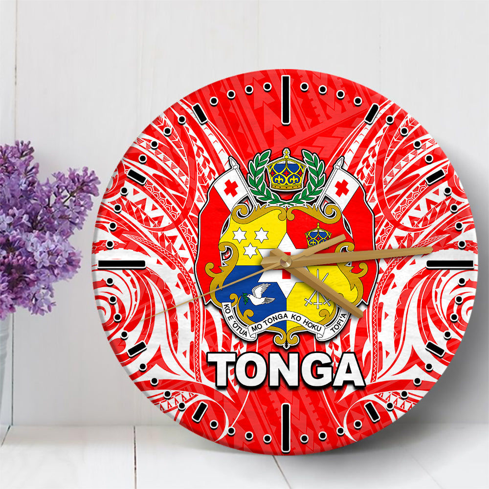Tonga Wall Clock Polynesian Tattoo Coat Of Arms Red LT6 30 cm Red - Polynesian Pride