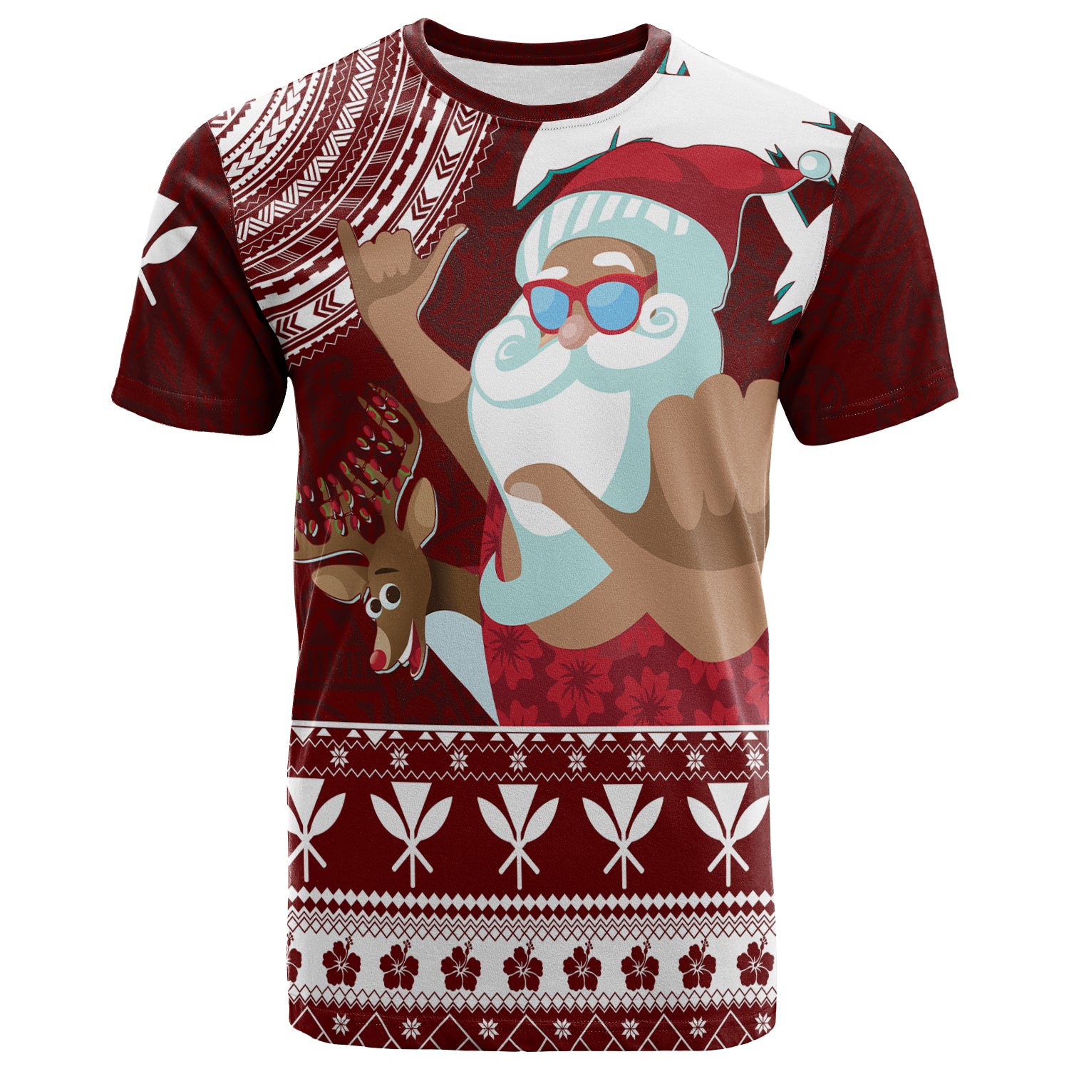 Tropical Christmas Tanned Santa Claus Hawaii Pattern T Shirt LT7 Unisex Red - Polynesian Pride