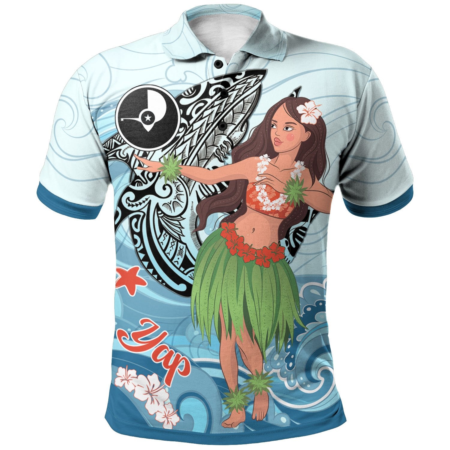 Yap Polo Shirt Polynesian Girls With Shark Unisex Blue - Polynesian Pride