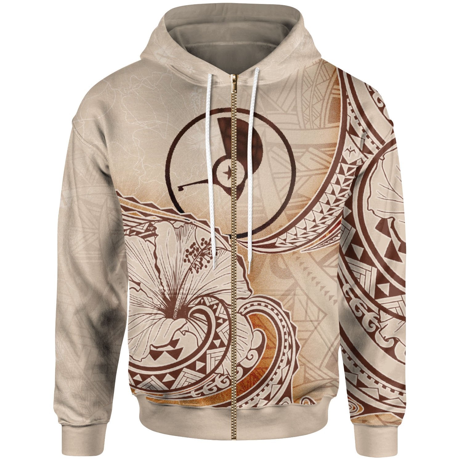 Yap State Zip Hoodie Hibiscus Flowers Vintage Style Unisex Nude - Polynesian Pride