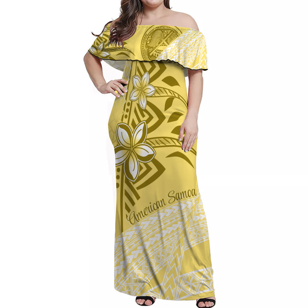 American Samoa Floral Design Off Shoulder Long Dress Plumeria - Yellow LT7 Long Dress Yellow - Polynesian Pride