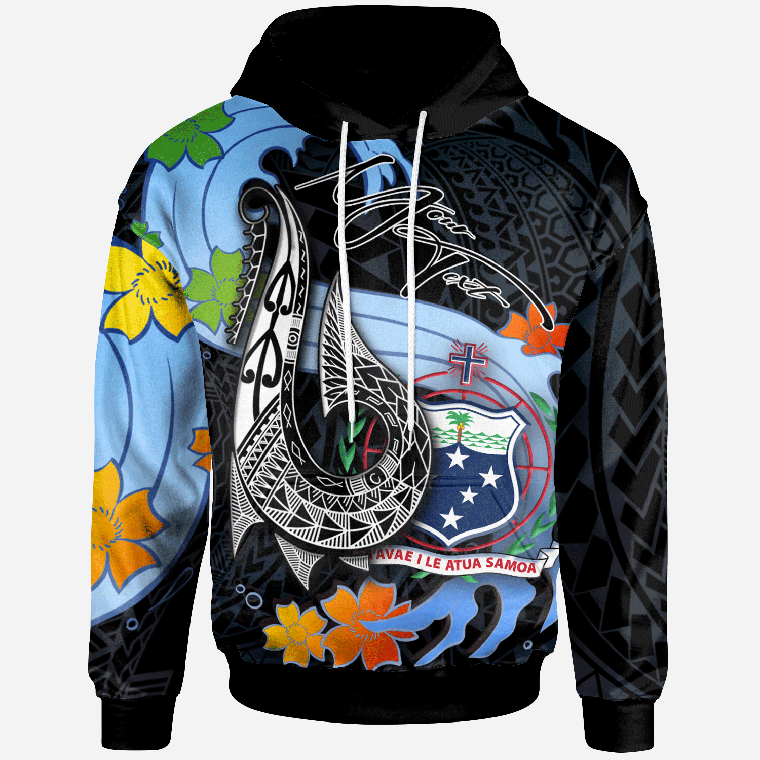 Samoa Custom Hoodie Fish Hooks and Wave Unisex Black - Polynesian Pride