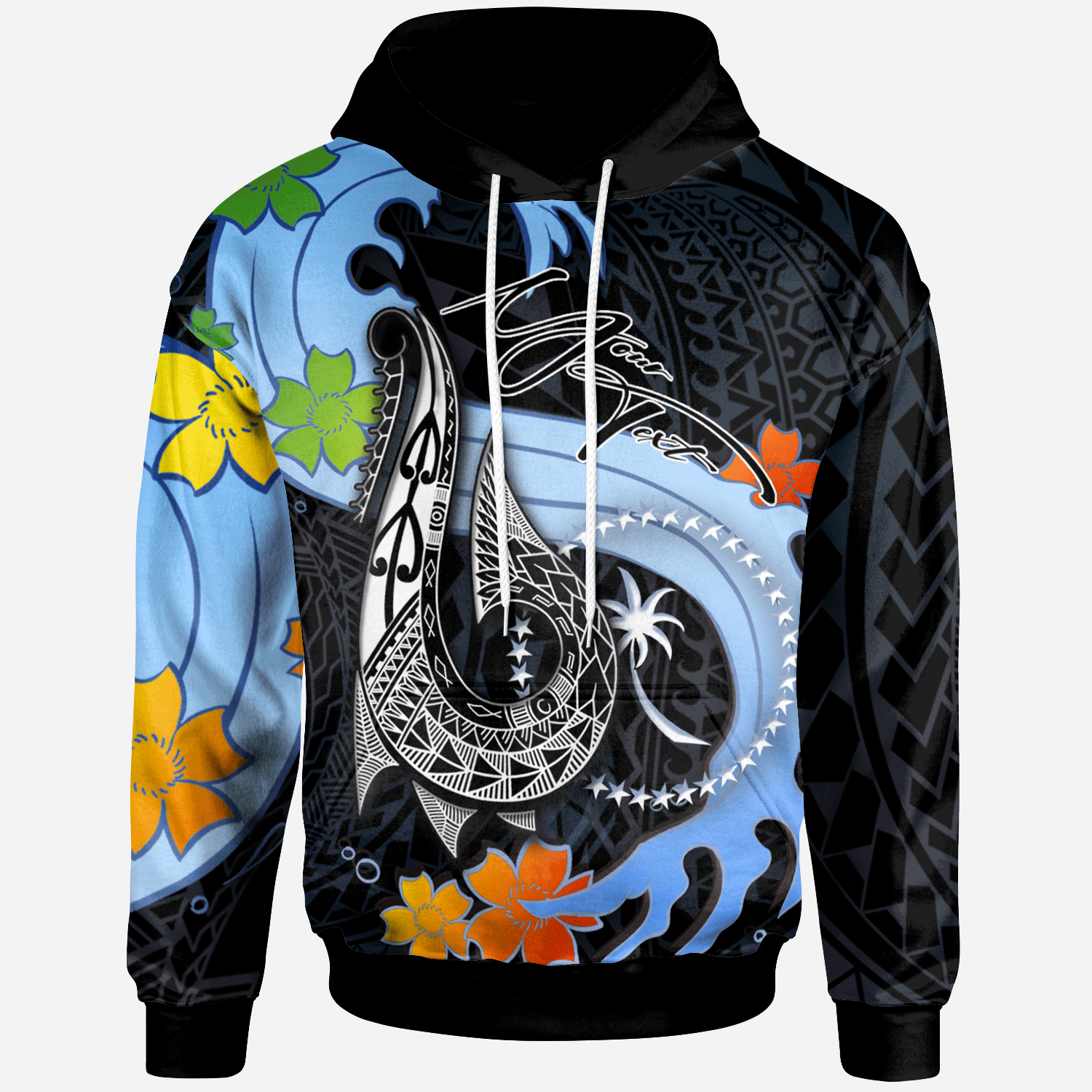 Chuuk State Custom Hoodie Fish Hooks and Wave Unisex Black - Polynesian Pride