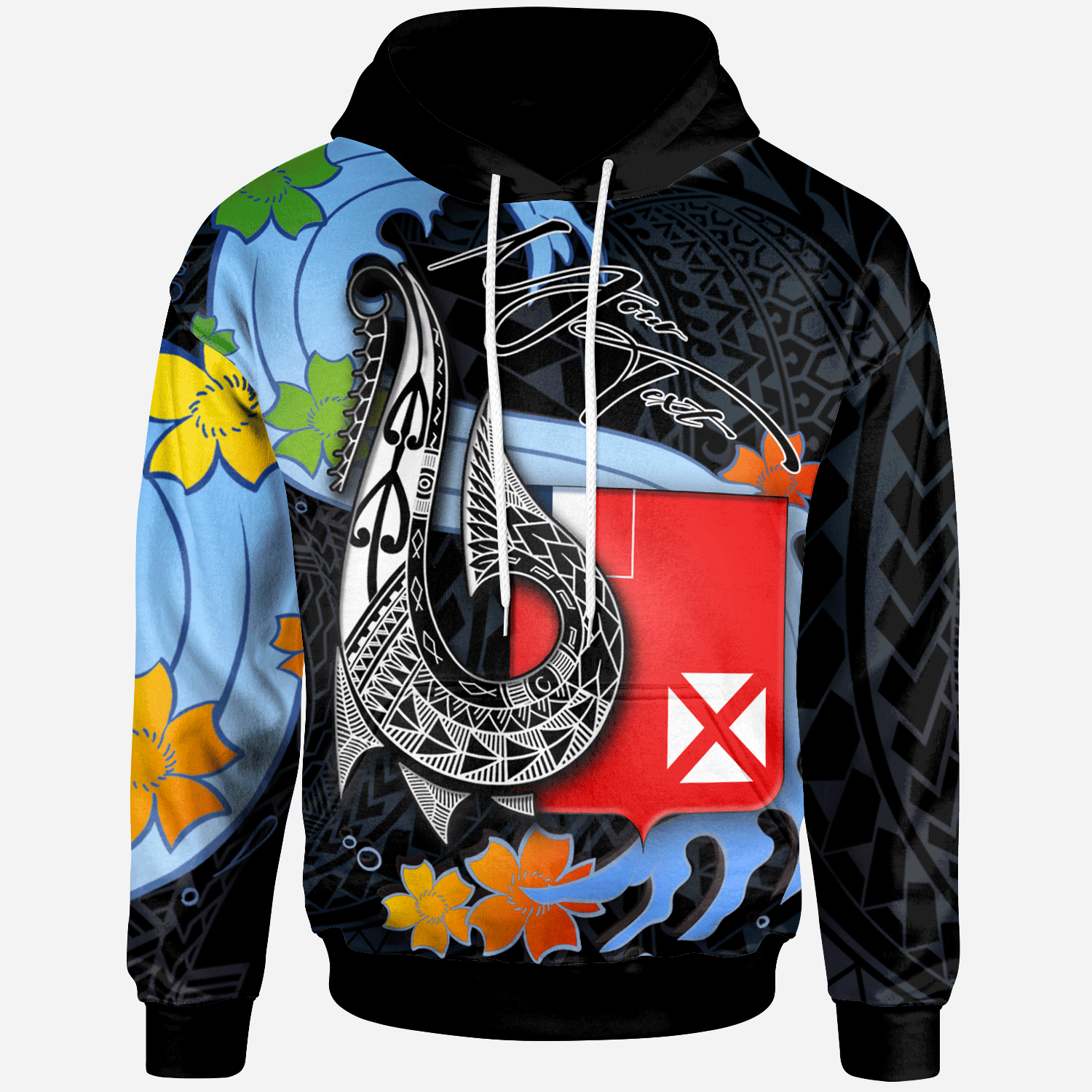 Wallis and Futuna Custom Hoodie Fish Hooks and Wave Unisex Black - Polynesian Pride