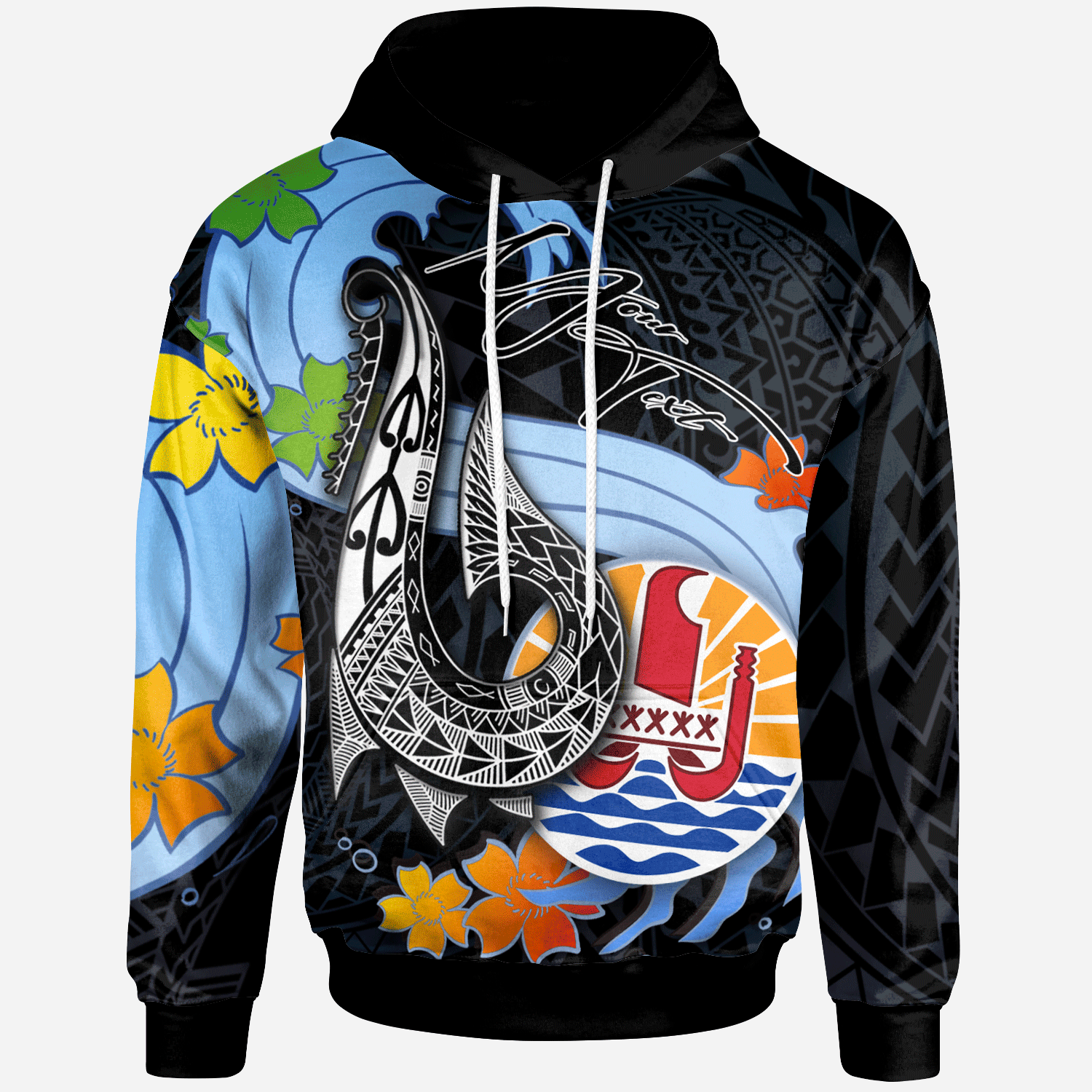 Tahiti Custom Hoodie Fish Hooks and Wave Unisex Black - Polynesian Pride