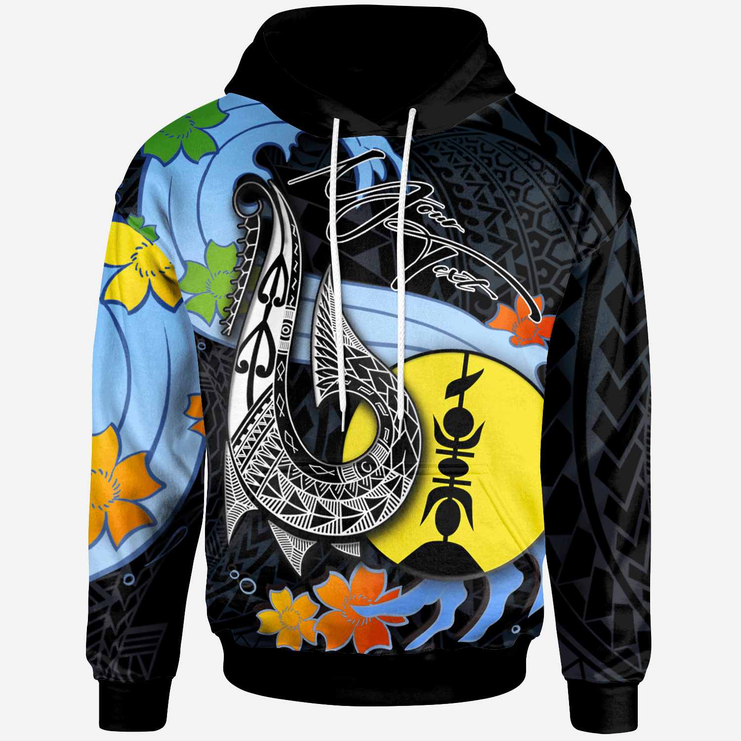 New Caledonia Custom Hoodie Fish Hooks and Wave Unisex Black - Polynesian Pride