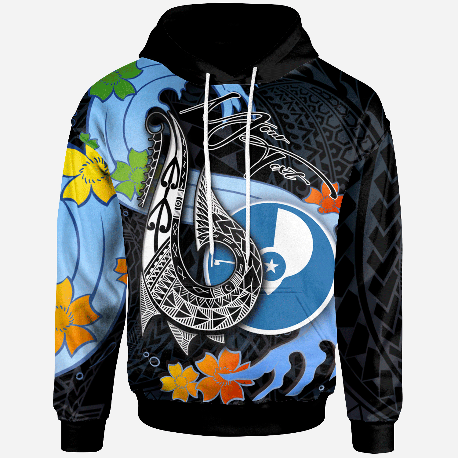 Yap State Custom Hoodie Fish Hooks and Wave Unisex Black - Polynesian Pride