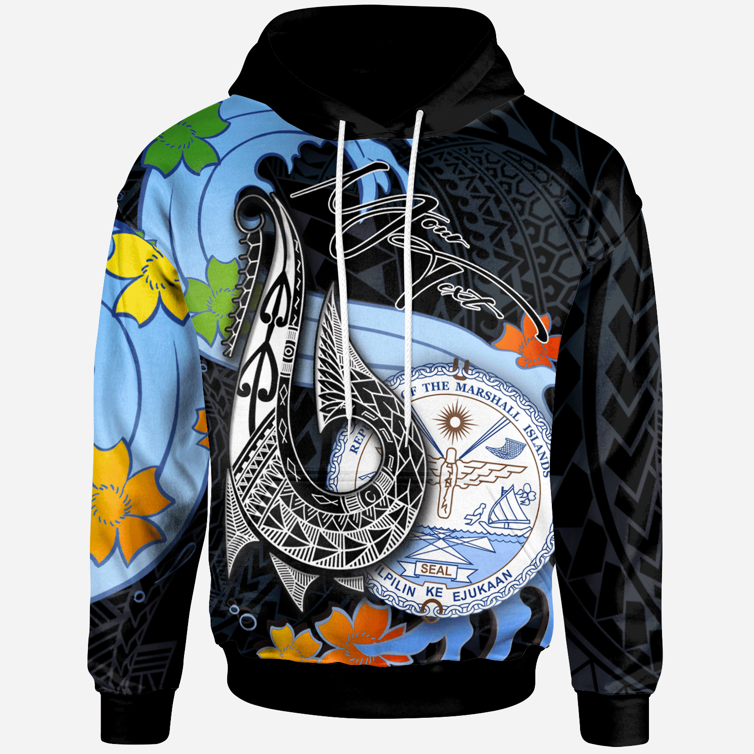 Marshall Islands Custom Hoodie Fish Hooks and Wave Unisex Black - Polynesian Pride