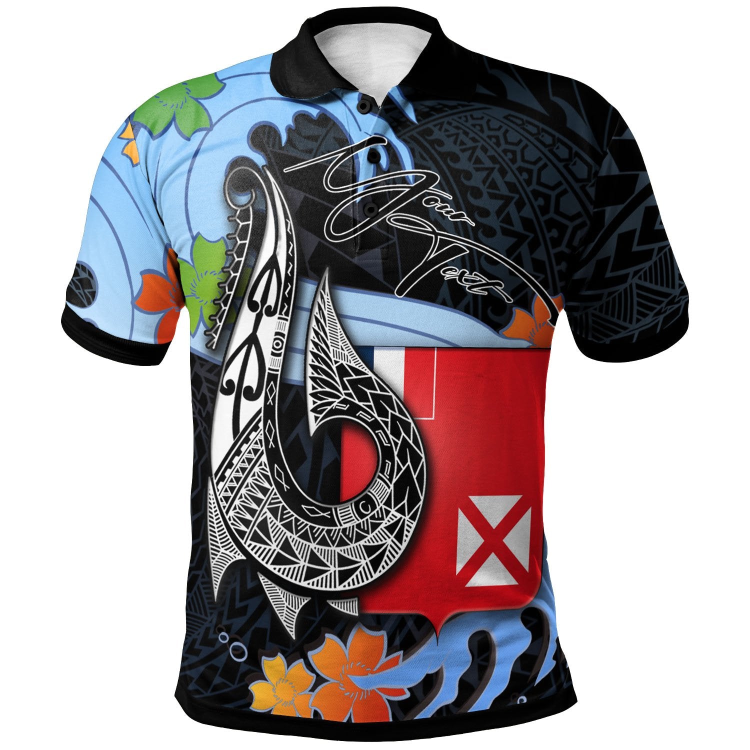 Wallis and Futuna Custom Polo Shirt Fish Hooks and Wave Unisex Black - Polynesian Pride