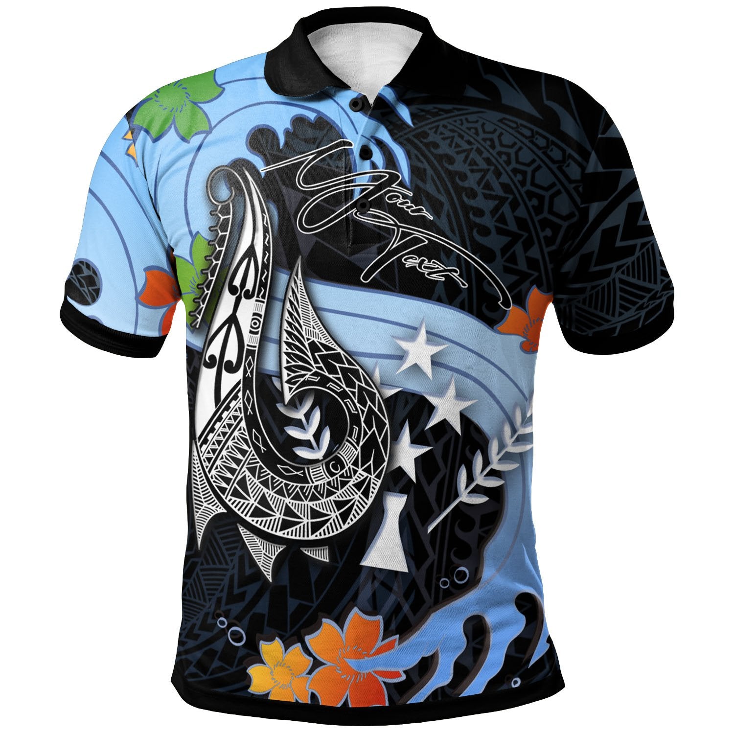 Kosrae Custom Polo Shirt Fish Hooks and Wave Unisex Black - Polynesian Pride