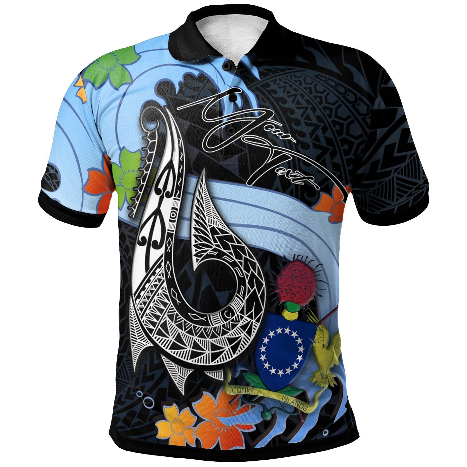 Cook Islands Custom Polo Shirt Fish Hooks and Wave Unisex Black - Polynesian Pride