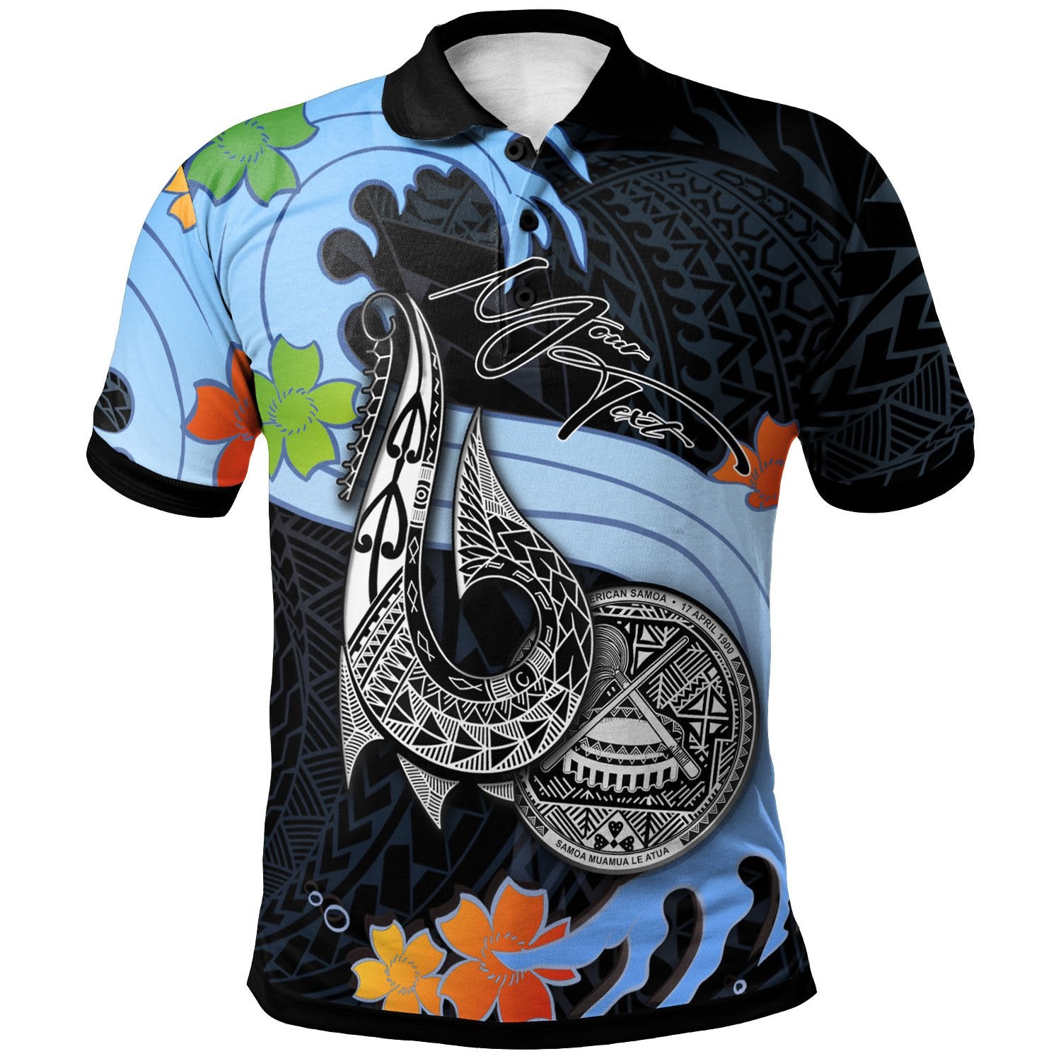 American Samoa Custom Polo Shirt Fish Hooks and Wave Unisex Black - Polynesian Pride