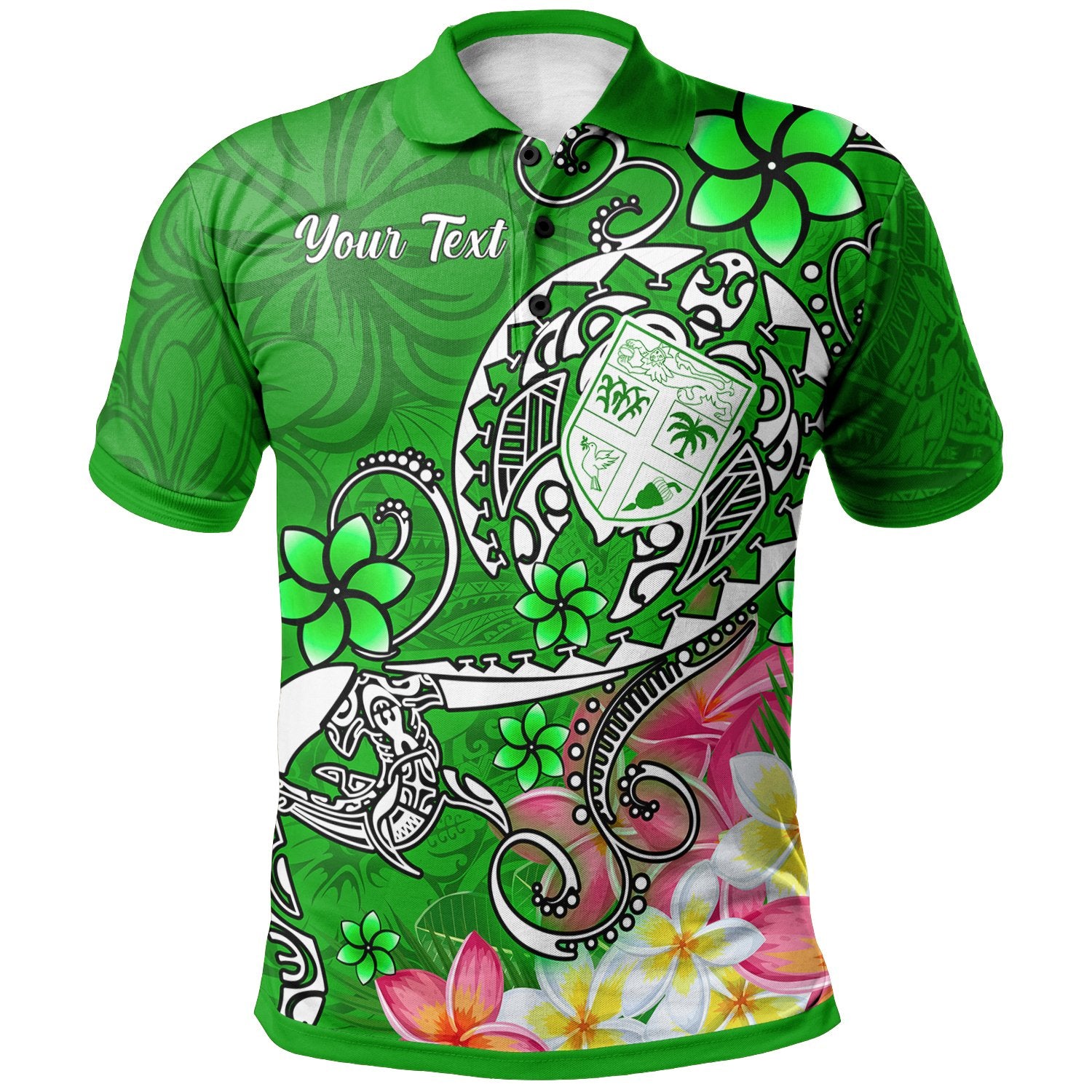 Fiji Custom Polo Shirt Turtle Plumeria (Green) Unisex Green - Polynesian Pride