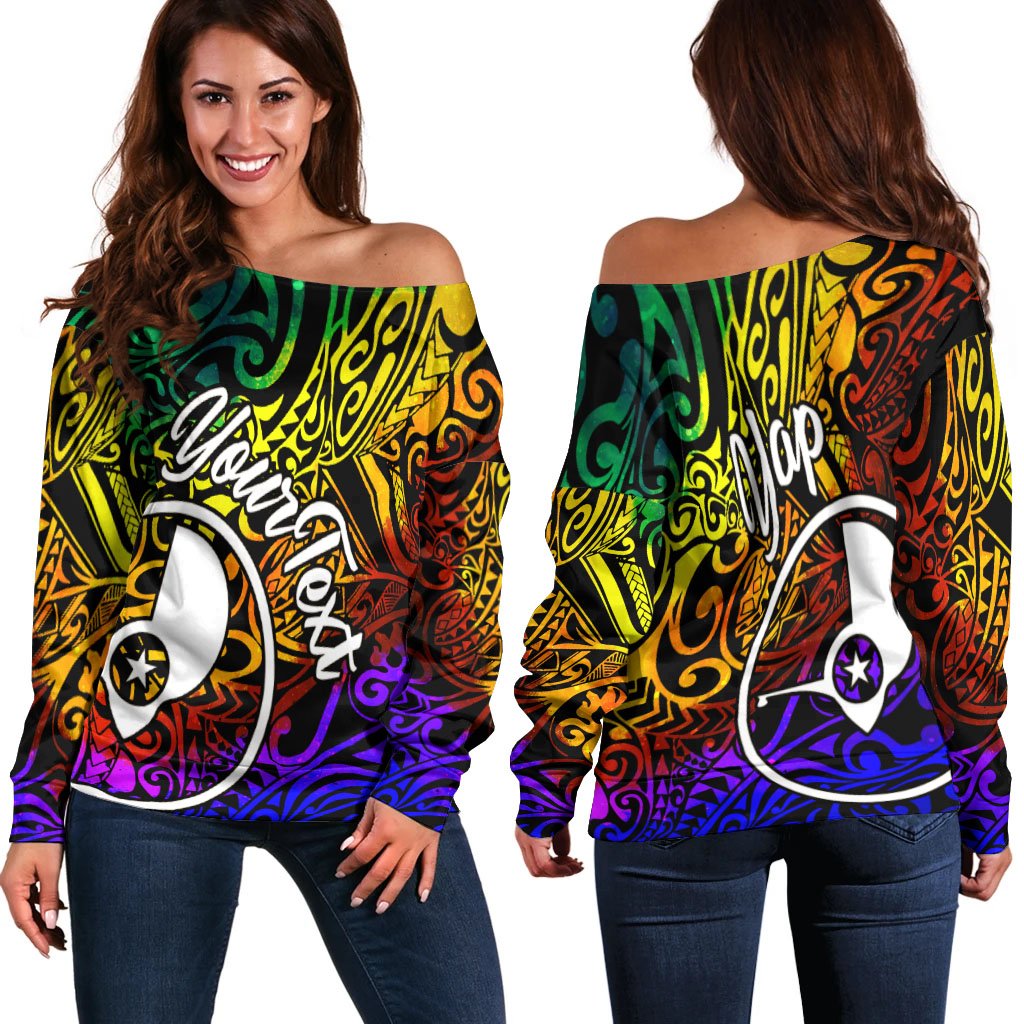 Yap Custom Personalised Women's Off Shoulder Sweater - Rainbow Polynesian Pattern Art - Polynesian Pride