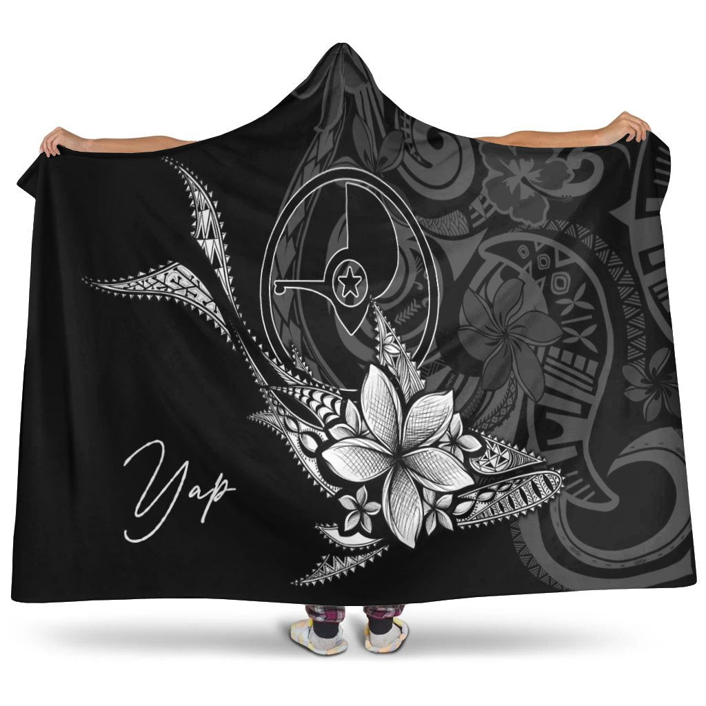 Yap State Hooded Blanket - Fish With Plumeria Flowers Style Hooded Blanket Black - Polynesian Pride