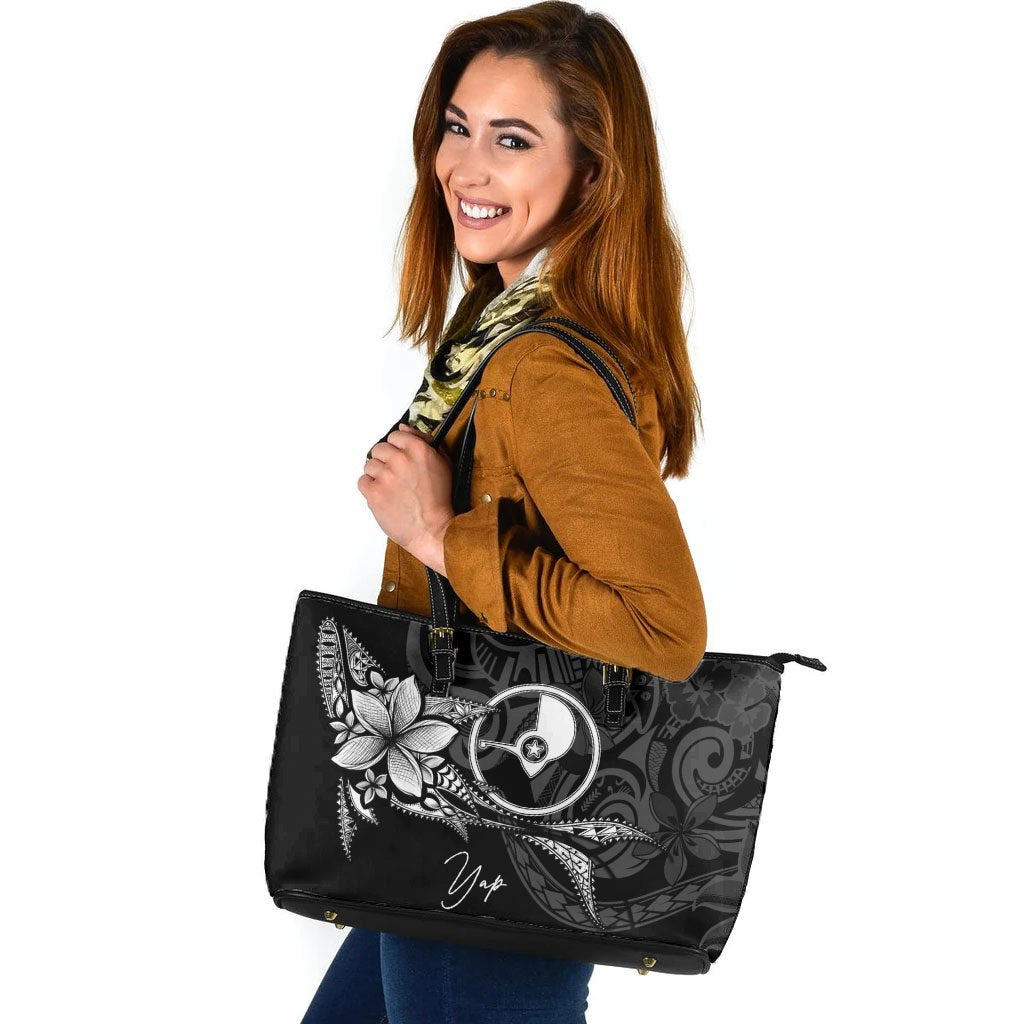 Yap State Leather Tote - Fish With Plumeria Flowers Style Black - Polynesian Pride