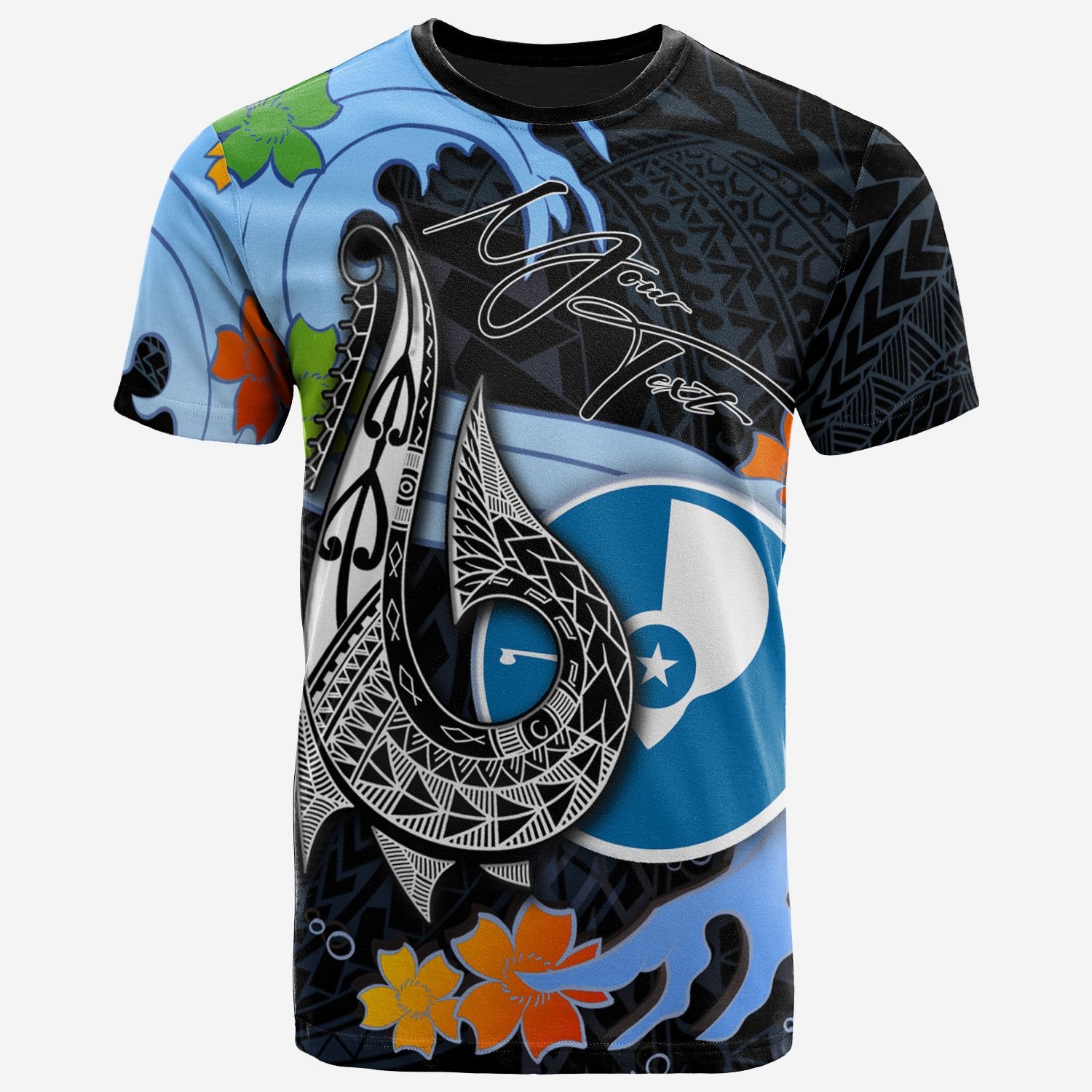 Yap State Custom T Shirt Fish Hooks and Wave Unisex Black - Polynesian Pride