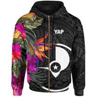 Yap Zip up Hoodie Hibiscus Polynesian Pattern Unisex Black - Polynesian Pride