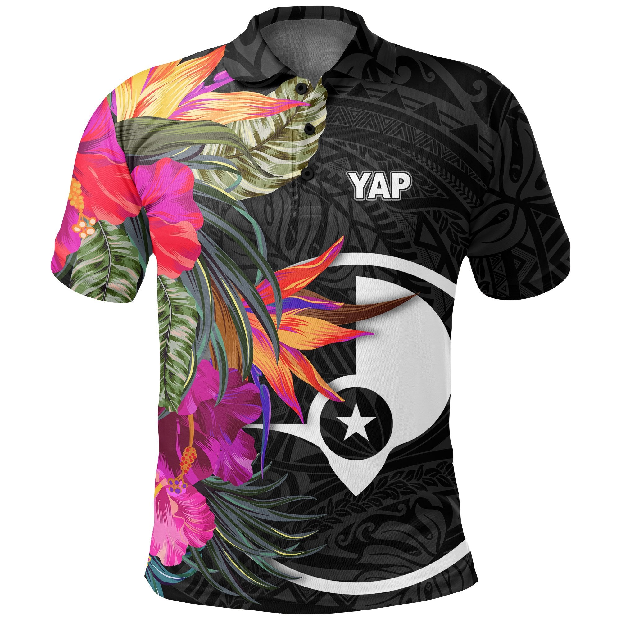 Yap Polo Shirt Hibiscus Polynesian Pattern Unisex Black - Polynesian Pride